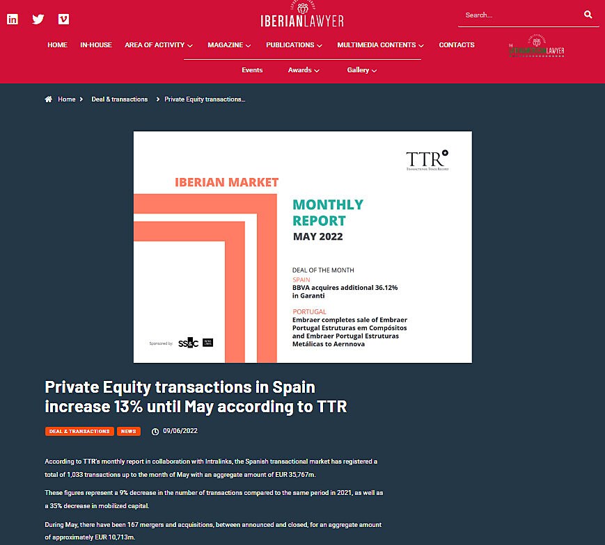 Private Equity transactions in Spain increase 13% until May according to TTR